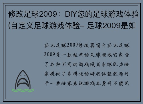 修改足球2009：DIY您的足球游戏体验(自定义足球游戏体验- 足球2009是如何做到的)