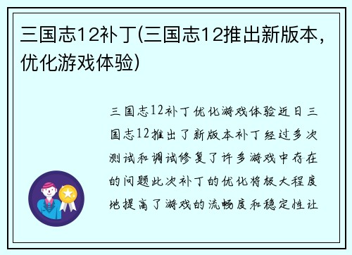 三国志12补丁(三国志12推出新版本，优化游戏体验)
