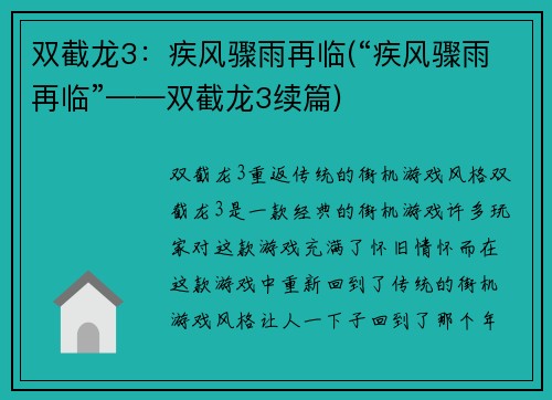 双截龙3：疾风骤雨再临(“疾风骤雨再临”——双截龙3续篇)